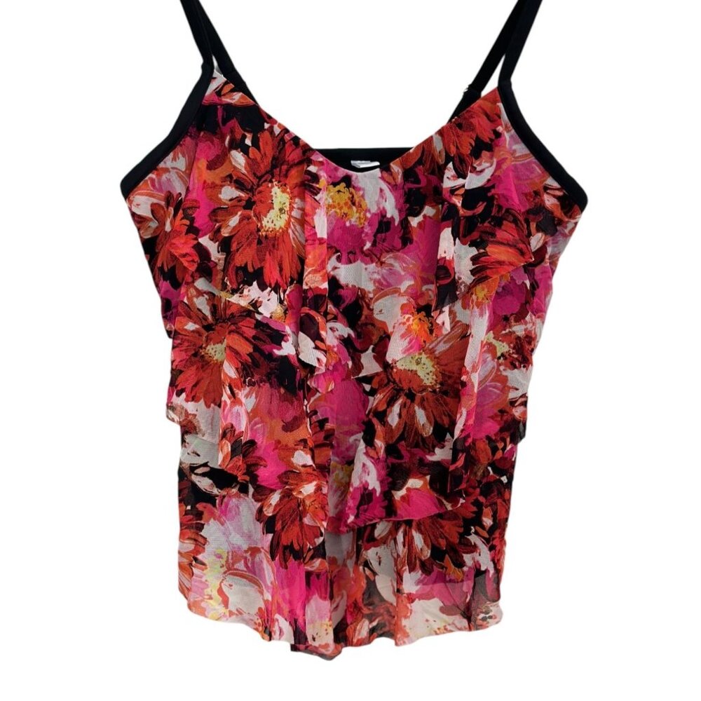Tropical Escape Black & Red Ruffles Swim Top 18W